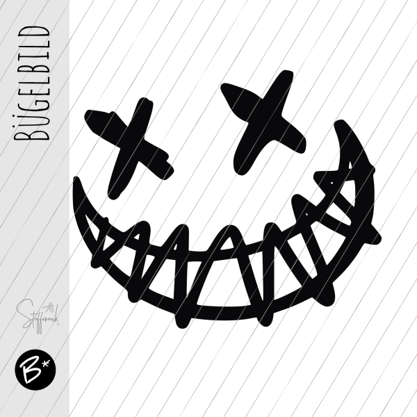 Bügelbild - " Crazy Smilie - ca. 17-18cm " - schwarz